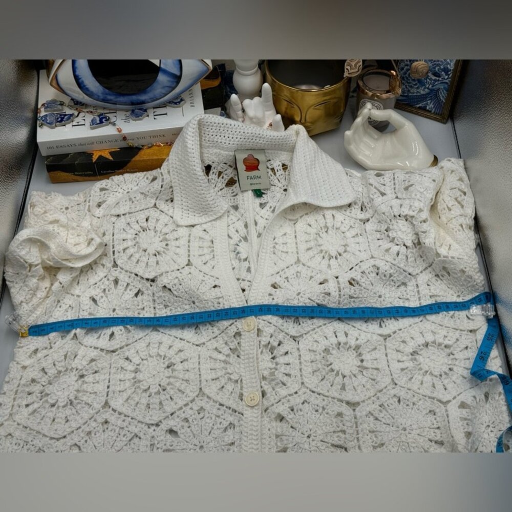 🆕 FARM Rio 🧿 NWOT White Semisheer Floral Button-Up Crochet Cover-Up Dress, L - Picture 13 of 15